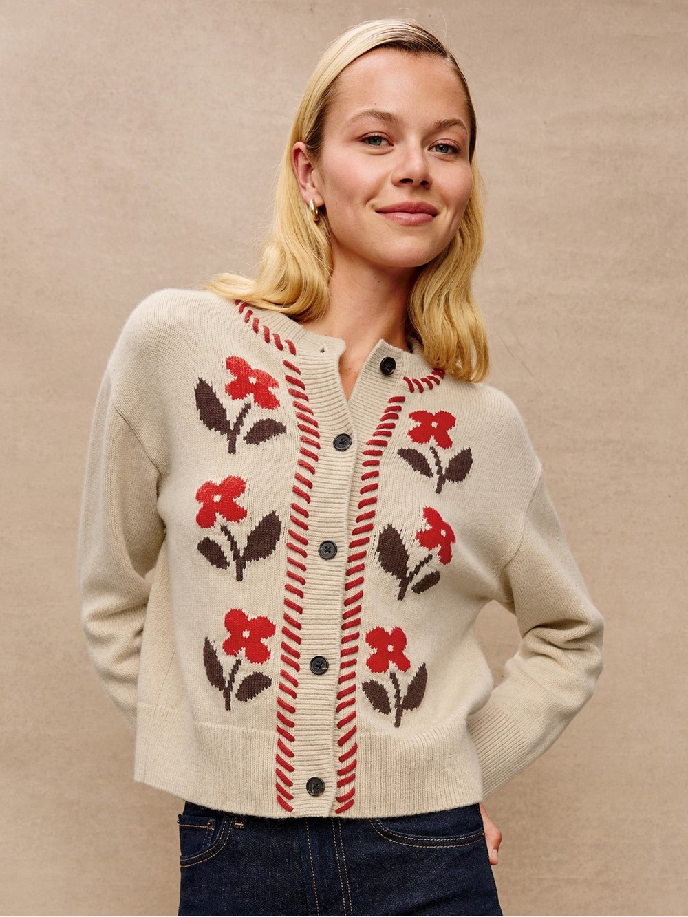 Rails Mavie Cardigan Carmine Floral Wool & Organic Cotton Blend Cottagecore Sz M